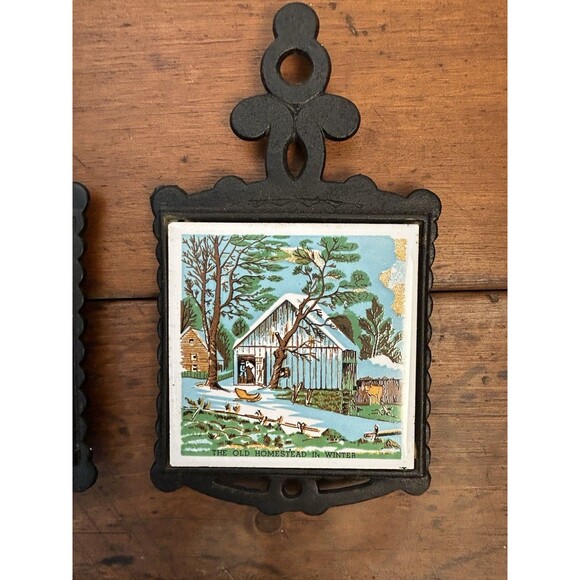 VTG Currier & Ives Cast Iron Trivets 1970s Autumn Cider Making & Old Homestead - Picture 5 of 10